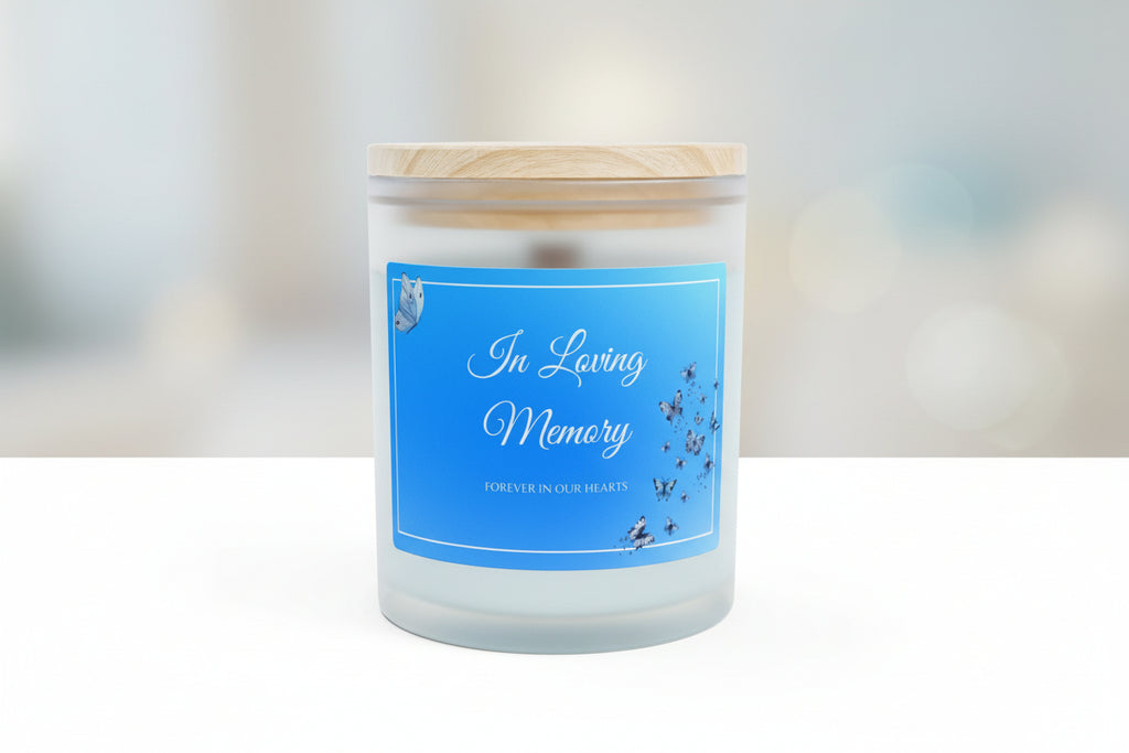 Blue Memorial Frosted Glass Candle — "In Loving Memory" 11oz Bereavement Candle