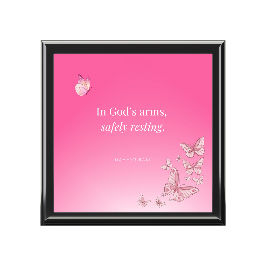 Pink Butterfly Design Memorial Box – "In God's Arms, Safely Resting" Keepsake with Butterfly Design