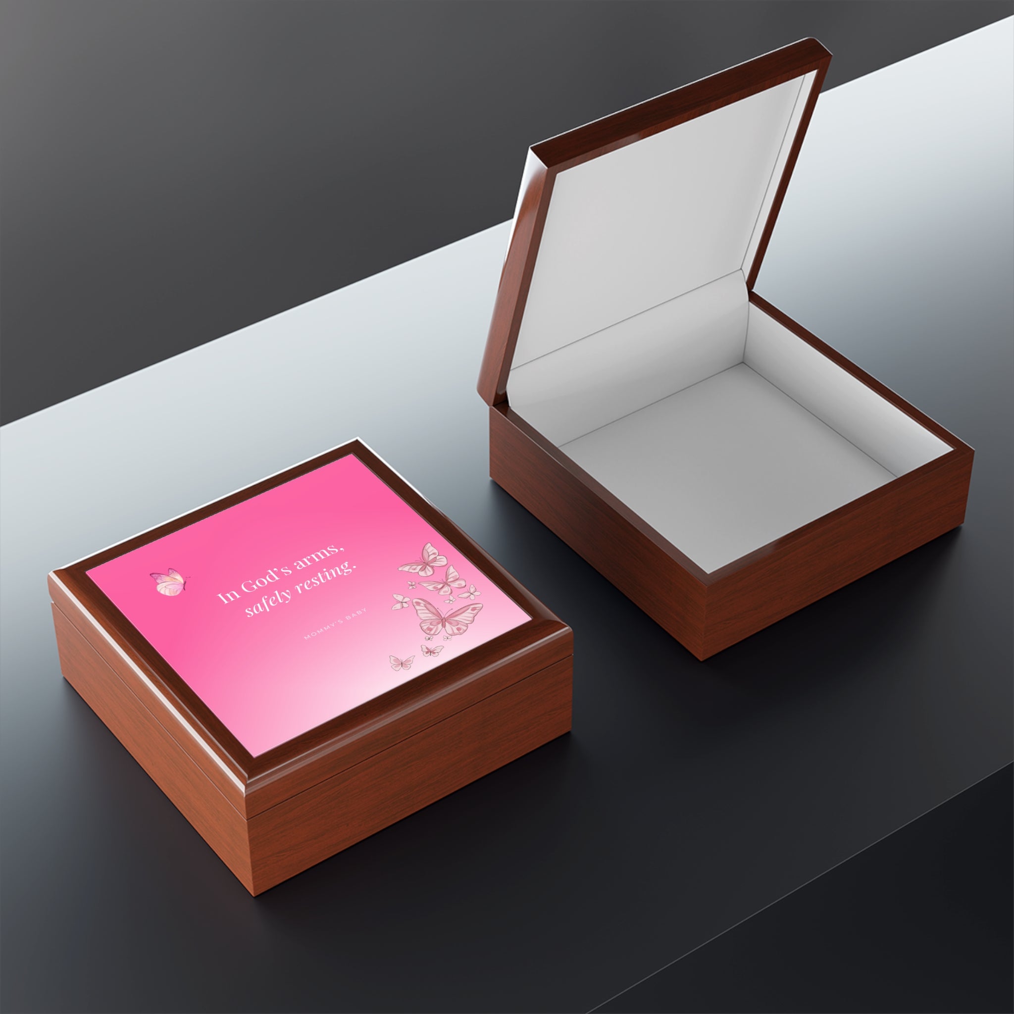 Pink Butterfly Design Memorial Box – "In God's Arms, Safely Resting" Keepsake with Butterfly Design