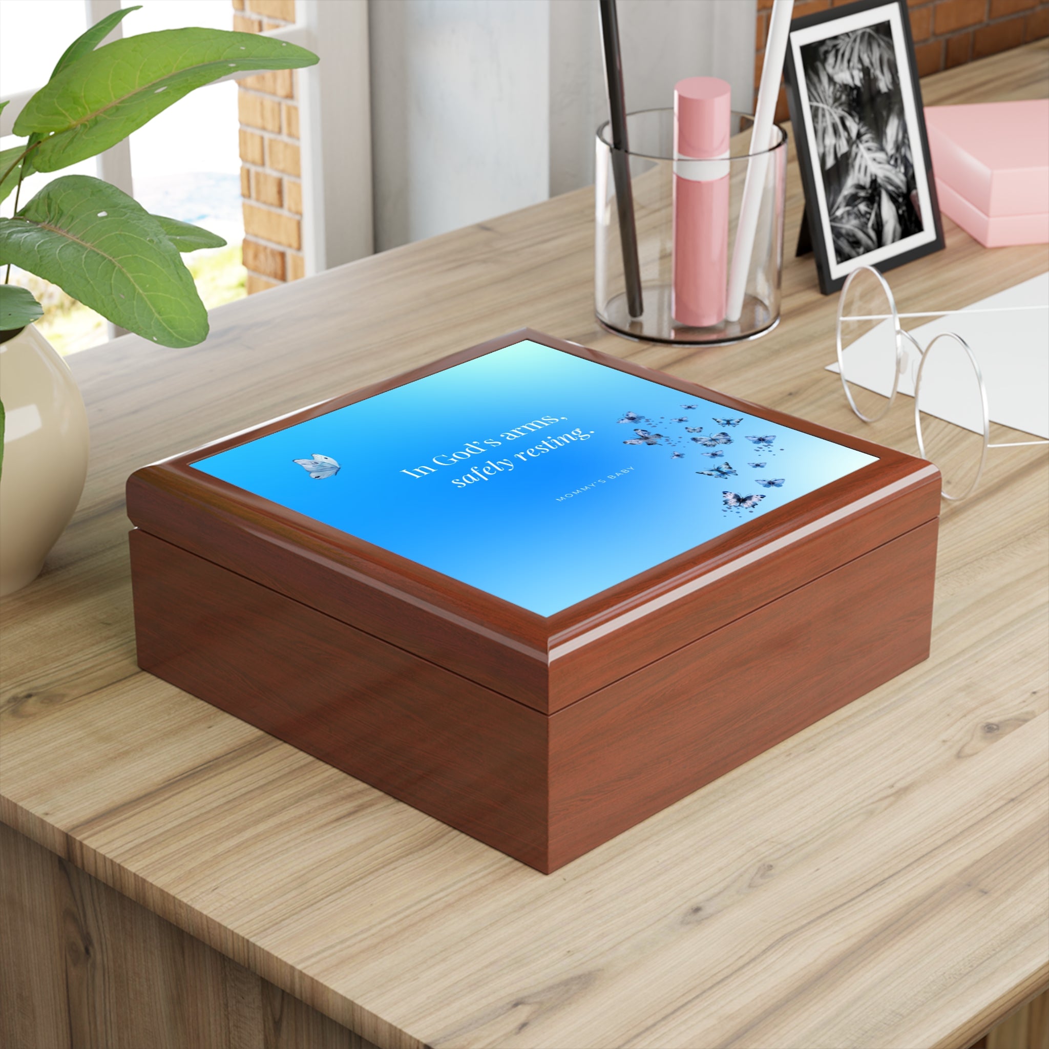 Blue Butterfly Design Memorial Box – "In God's Arms, Safely Resting" Keepsake with Butterfly Design