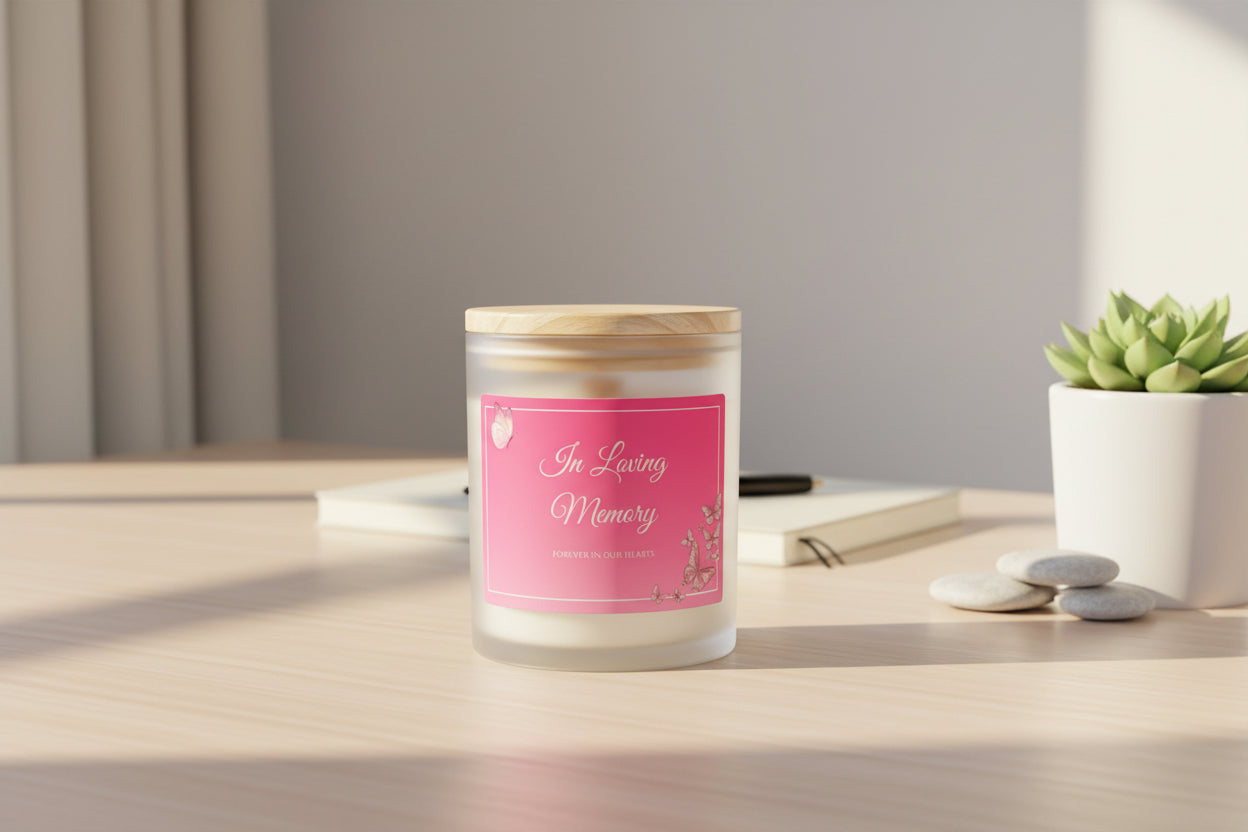Pink In Loving Memory Frosted Glass Candle – 11oz Memorial Scented Candle