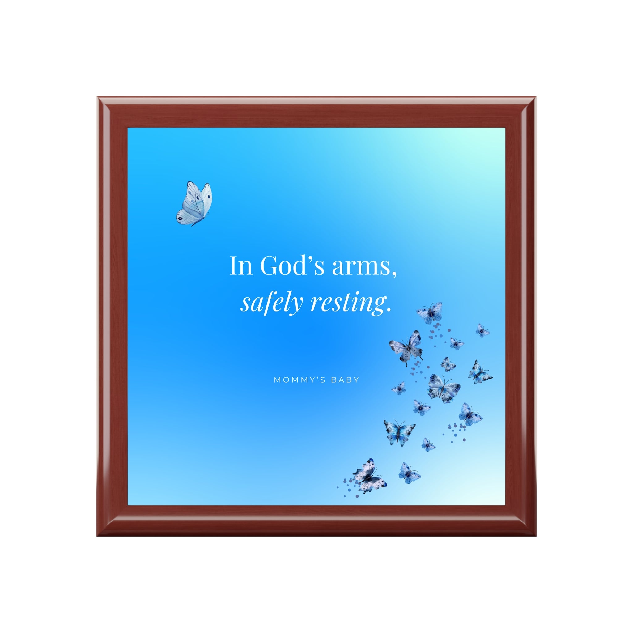 Blue Butterfly Design Memorial Box – "In God's Arms, Safely Resting" Keepsake with Butterfly Design