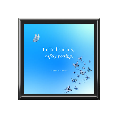 Blue Butterfly Design Memorial Box – "In God's Arms, Safely Resting" Keepsake with Butterfly Design