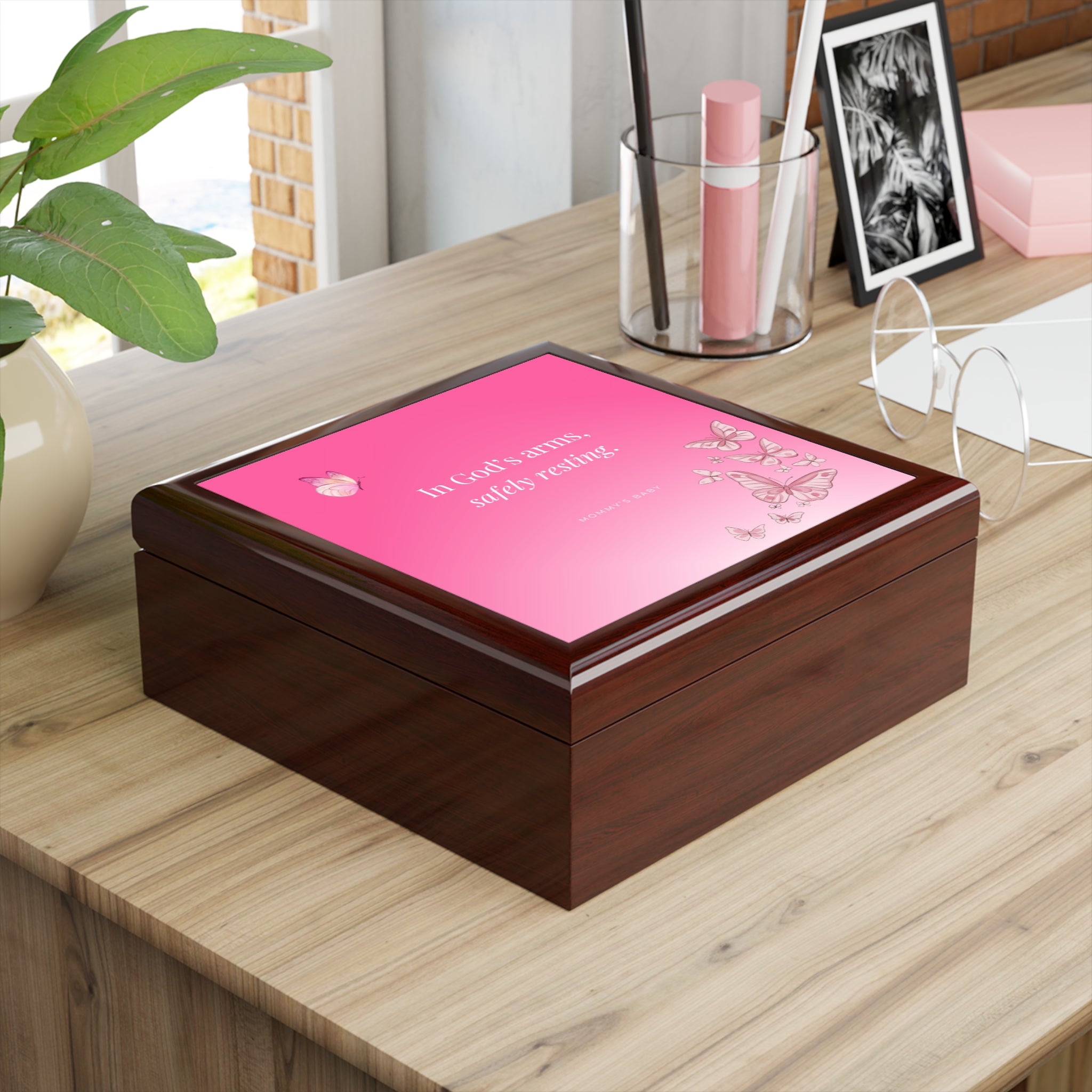 Pink Butterfly Design Memorial Box – "In God's Arms, Safely Resting" Keepsake with Butterfly Design