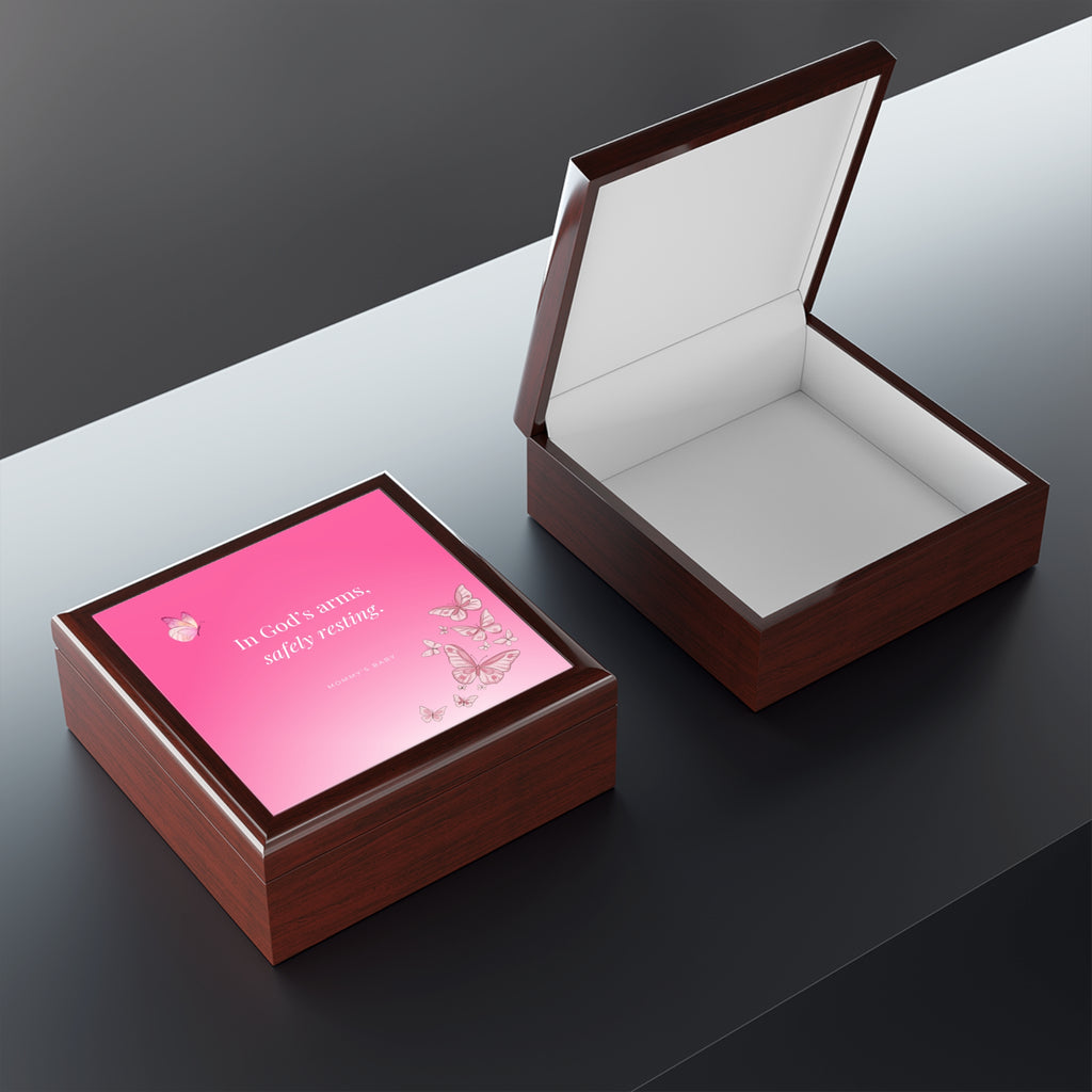 Pink Butterfly Design Memorial Box – "In God's Arms, Safely Resting" Keepsake with Butterfly Design