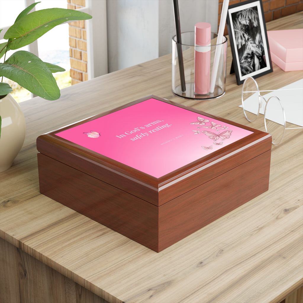 Pink Butterfly Design Memorial Box – "In God's Arms, Safely Resting" Keepsake with Butterfly Design