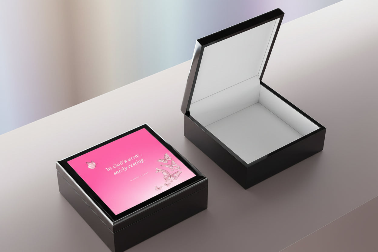 Pink Butterfly Design Memorial Box – "In God's Arms, Safely Resting" Keepsake with Butterfly Design