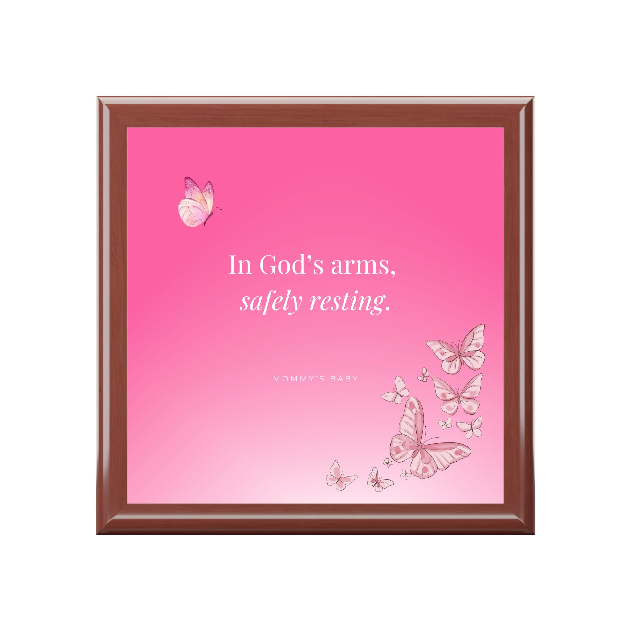 Pink Butterfly Design Memorial Box – "In God's Arms, Safely Resting" Keepsake with Butterfly Design