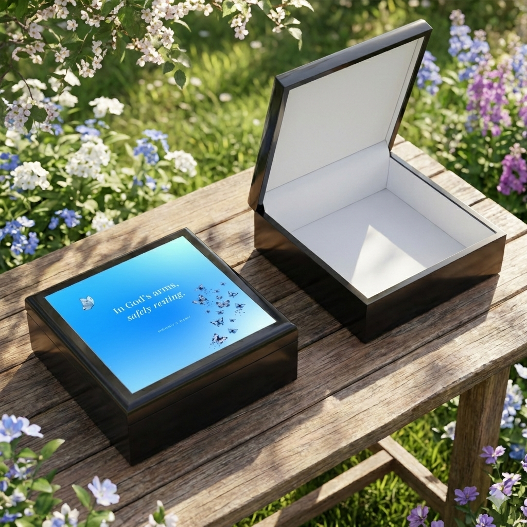 Blue Butterfly Design Memorial Box – "In God's Arms, Safely Resting" Keepsake with Butterfly Design